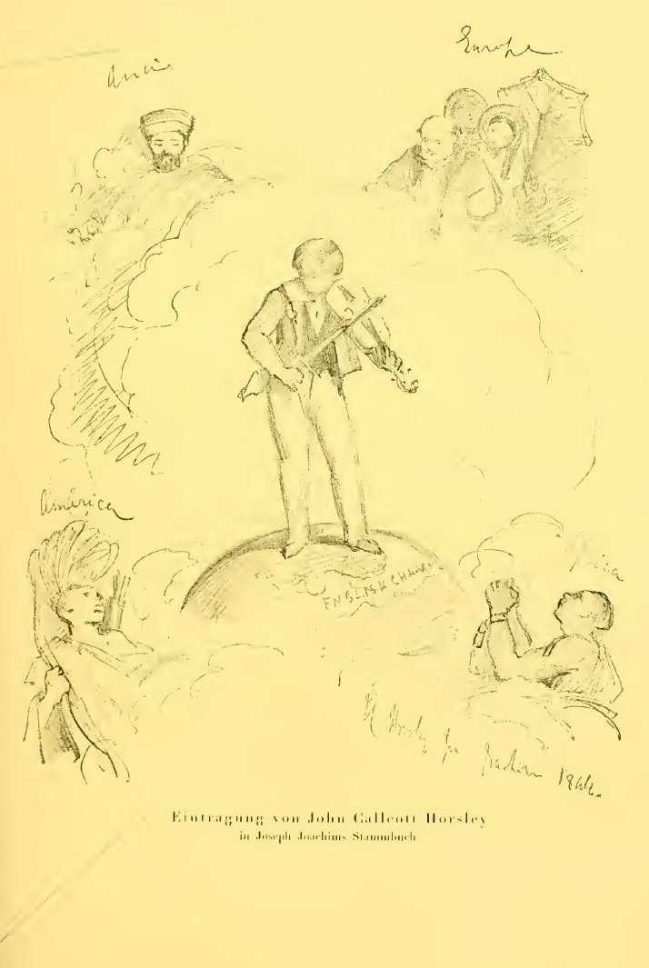 Запись Джона Кэлкотта Хорсли в альбом Йозефа Иоахима (Лондон, 1846): юный скрипач на земном шаре, вокруг — аллегории частей света